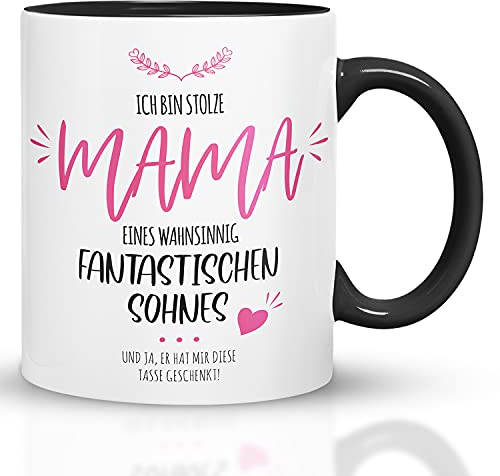 Kaffeebecher24 - Mama Sohn Tasse - Ich bin stolze Mama eines wahnsinnig fantastischen Sohnes - Geschenke für Mama zum Geburtstag - Lustige Tassen mit Sprüchen - (schwarz)