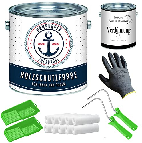 PU Holzschutzfarbe GLÄNZEND farblos Klarlack Wetterschutzfarbe Holzfarbe Holzlack - PU verstärkt & UV-beständig + Lackier-SET (X300) & Verdünnung (1 L) // Hamburger Lack-Profi (2,5 L)
