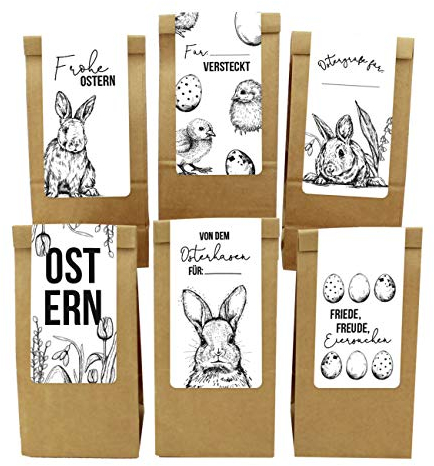 Papierdrachen 12 Ostertüten mit rechteckigen Aufklebern - Motiv Schwarz-weiß - für Kinder und Erwachsene - Alternatives Osternest zum Befüllen - Set 22