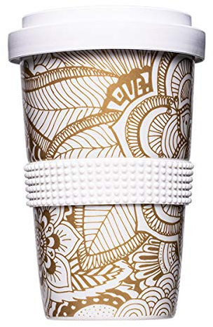 Mahlwerck Kaffeebecher to go, Porzellan Coffee-to-go Becher mit auslaufsicherem Deckel, Boho Motiv in Gold-Weiß, 400 ml