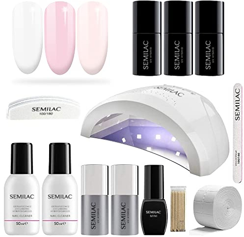 Semilac Love Me Gel Nail Starter Set Kit with UV 24/48W Nail Lamp, 3 Soak Off Gel Polish Colours, (French) Manicure Tools, Top No Wipe & Extend Base Coat, Top Mat, Remover, Cleaner & More
