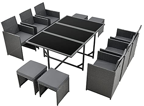 [en.casa] Polyrattan Sitzgruppe Laredo XL wetterfest stapelbar 11-teiliger Gartenmöbelset Tisch & 6 Stühle & 4 Hocker mit Kissen für Garten und Terrasse