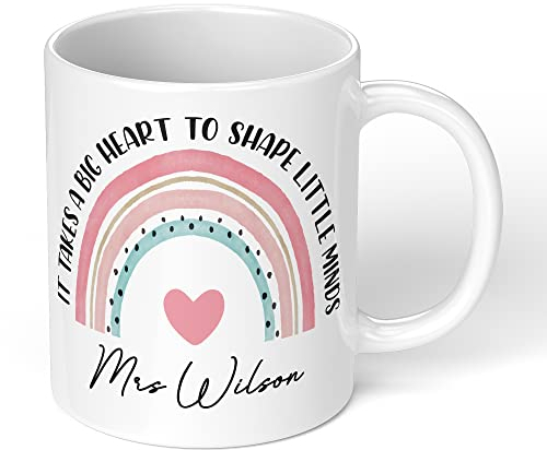 Personalised Teacher Mug – Thank You for End of Term or School Leavers – Custom Rainbow Design – 11oz Ceramic Coffee Tea Cup – Microwave & Dishwasher Safe – Teacher Appreciation Present