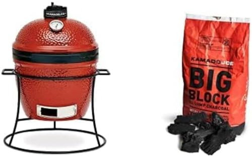 Kamado Joe Joe Jr. Barbacoa de carbón de cerámica en rojo fuego + Kamado Joe 9.1kg XL Carbón natural reutilizable para barbacoa, ahumado y parrilla.