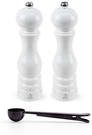 Peugeot Paris u'Select White Lacquer Salt & Pepper Mill, Gift Set - With Stainless Steel Spice Scoop/Bag Clip (9 Inch)