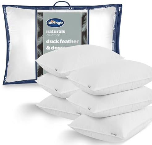 Silentnight Feather & Down Pillow 6 Pack Luxury Soft Snug Comfy Natural Duck Bed Pillows For Side Back Sleepers - Medium Firm Support Ethically Sourced Six Pillows