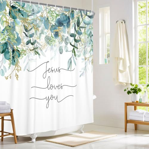 Wathon Bibelvers Botanischer Duschvorhang, christliche Schrift, Jesus Loves You, Zitat, Badvorhänge, grüne Blätter, Badezimmer-Duschvorhang-Set, Badvorhang mit Haken, 183x183 cm