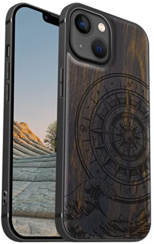 Carveit Magnetisch Hülle für iPhone 13 [Elegante Schwarzholz] [Weich TPU Stoßstange] Stoßfeste Handyhülle Kompatibel mit 13 Magsafe Hülle Holz （Der Kompass vor Kanagawa Waves）