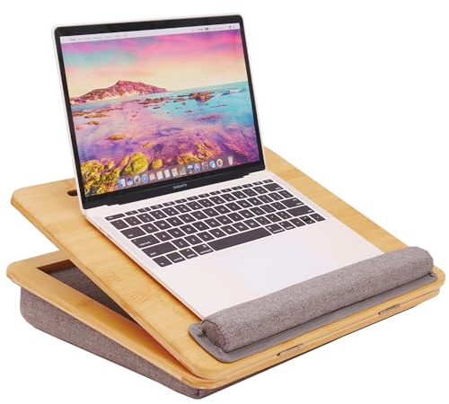 Lap desk Laptop Tray with Cushion Portable Bed Tray desk, Ergonomic Design Adjustable Angle Lap desk with Tablet Phone Holder, for Home Office, Sofa, Bed, Couch and car. Bamboo cushioned laptop tray