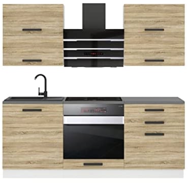 Belini Küchenzeile Küchenblock Emily - Küchenmöbel 180 cm Einbauküche Vollausstattung ohne Elektrogeräten mit Hängeschränke und Unterschränke, ohne Arbeitsplatten, Sonoma-Eiche