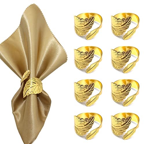 Lvjkes Serviettenringe, Serviettenhalter Esszimmerring Blatt Mundtuch Seidenschal Schnalle, für Hochzeitsbankett Jahrestag Party Geburtstag Festival Taufe Tischdekoration (Gold/8 Stück)