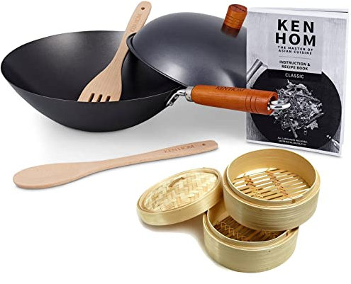Ken Hom Wok-Set 31 cm 6-tlg. beschichteter Karbonstahl - Antihaft Wokpfanne mit Holzgriff - für Gas, Elektro & Glaskeramik nicht induktionsgeeignet - Set inkl. 2-stöckigem Dampfgarer 20 cm