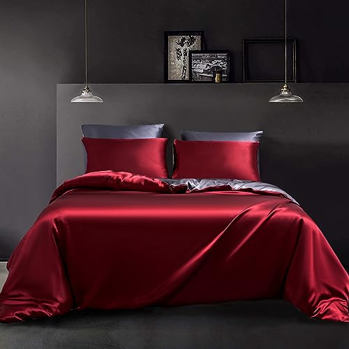 YASMENG Satin Bettwäsche 155x220 Rot Weinrot Dunkelgrau Wendebettwäsche Seide Bettwäsche 3teiling Glatt Glänzend Seidig Luxus Weiche Bettwäsche Satin mit Reißverschluss und 2 Kissenbezüge 80×80 cm