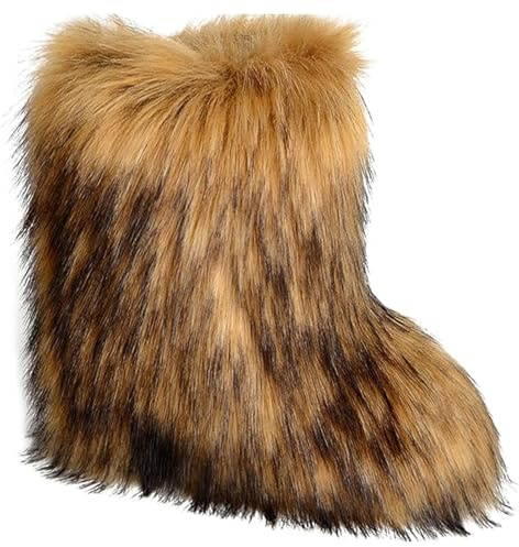 Popchrio Women's Faux Fur Boot Furry Fluffy Short Snow Boot Mid-Calf Boots Warm Comfortable Outdoor Flat Shoes