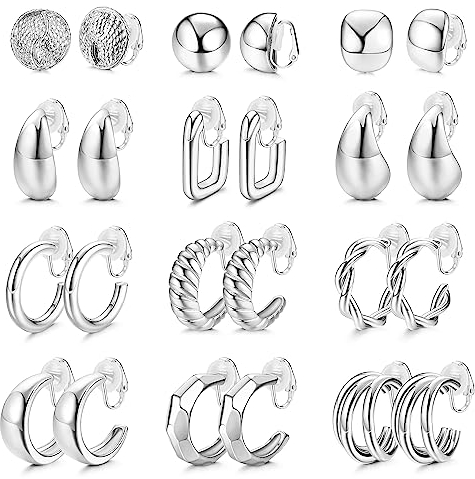 Morfetto Clip-on-Creolen Damen Gold 12 Paar Twist Runde klobige Creolen-Clip-Ohrringe Kein Piercing Gefälschte Ohrringe Silber