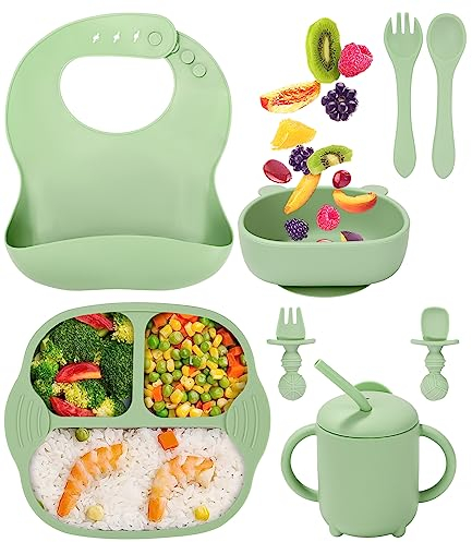 Jissta Kinderbesteck Babyteller, 8-teiliges rutschfestes Kinderbesteck mit Saugnapf, Silikonteller BPA frei Lernbesteck mit Teller Lätzchen Schüssel Löffel Gabel Baby Trinkbecher