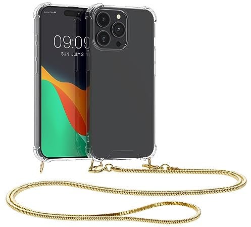 kwmobile Case Compatible with iPhone 15 Pro - Crossbody Case Clear Transparent TPU Phone Cover with Metal Chain Strap - Transparent/Gold