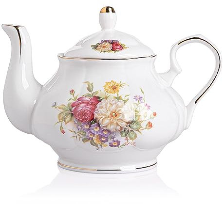 Sweejar Home Teiera in porcellana, design vintage floreale con bordo dorato, teiera in ceramica con foglie sfuse, caffettiera, per donne e amanti del tè, 800 ml, 3-4 tazze (stile floreale)