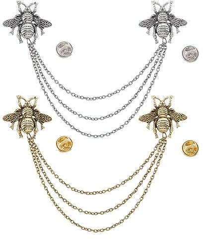 GOMAKERER 2 pièces Broche Épinglette, Couleur Mélangée Vintage Double Abeille Broche Broche Chaîne Suspendue Détaillant Broche Gland Blouse Chemise Col Pointe Broche pour Femmes et Hommes