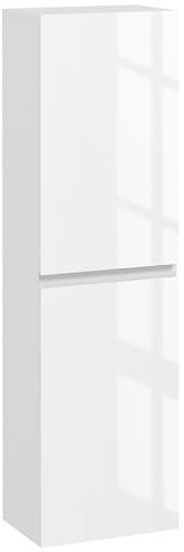 kleankin Meuble Colonne de Salle de Bain, Armoire de Rangement Haute, Finition Brillante, étagères réglables, 2 placards, étagère de Rangement pour Salle de Bain, 35 x 25 x 120 cm, Blanc laqué