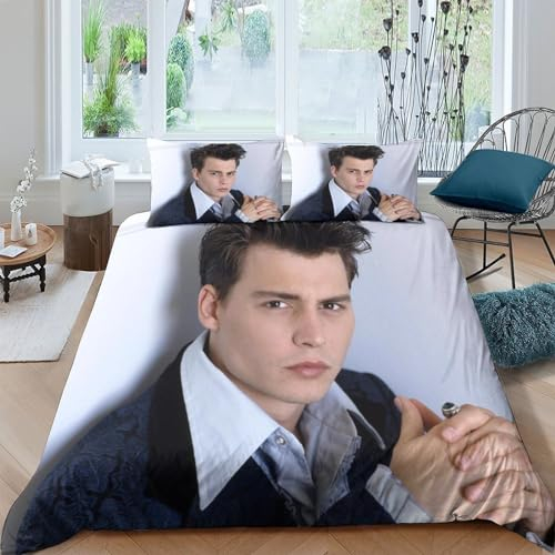 EKIDAZ Johnny Depp Weiches 3D-Mikrofaser-Bettwäsche-Set Celebrities Mit Reißverschluss Und Kissenbezügen, 3-teiliges Set Für Jugendliche Und ErwachseneDouble(200x200cm)