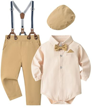 Volunboy Baby Jungen Anzug Set Bekleidung Hemd mit Fliege + Hosenträger Hosen Strampler Anzug(6-9 Monate,Größe 66,Khaki)
