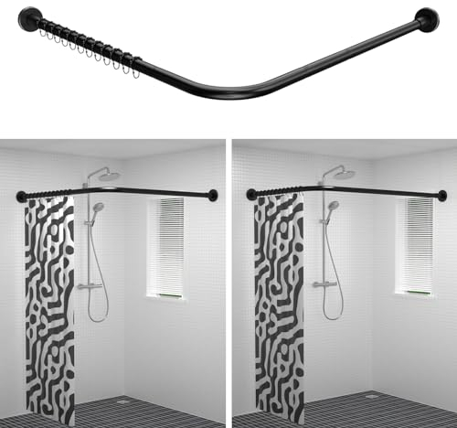 YOFOQ Bastone Tenda Doccia Angolare, Asta per Tenda da Doccia Regolabile 75x115cm, Asta per Tenda da Doccia in Acciaio Inossidabile, Asta da Doccia per Vasca con 12 Anelli per Tenda da Doccia