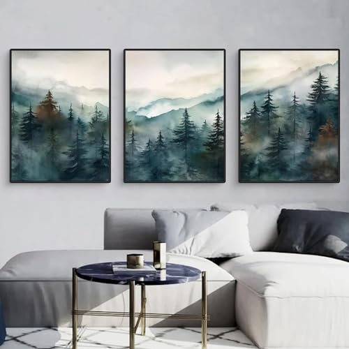 3er Poster Set, Moderne Grün Berge Wald Landschaft Bilder, Leinwandbilder Wandposter Wanddeko für Wohnzimmer & Schlafzimmer, ohne Rahmen (50x70cm)