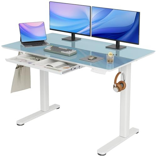 INNOVAR Glas Elektrischer Höhenverstellbarer Schreibtisch mit Schublade,120 x 60 cm Höhenverstellbarer Schreibtisch, Elektrischer Schreibtisch für Home Office,Standing Desk, Morandi Blau