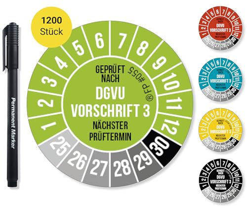 Frank Paperman® 1200x DGUV V3 Prüfplaketten grün 20 mm Durchmesser inkl. Folienstift, Prüfplaketten Nächster Prüftermin, UV-beständig, Hohe Klebkraft, 5 Farben, 2 Größen