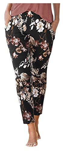 Summer Boho Women's Trousers - UK, 2024 Beach Lounge Pants with Elasticated Waist, Vintage Floral Print Linen Harem Hippie Pants with Pockets (Black, L)