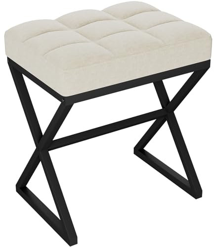 YMYNY Schminkhocker, Fußhocker, Leinen Sitzhocker, Make-up Dressing Hocker mit X-förmigen Metallbeinen, für Eitelkeit, Wohnzimmer, Schlafzimmer, Eingang, Flure 40×30×46CM Beige HBD033Y
