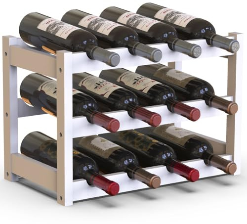 BAKAJI Cantinetta Portavino in Legno Bambù con 12 Scomparti per Vino Champagne, Portabottiglie da Terra, Cantina per Angolo Bar, Salotto, Cucina, Bistrot, Ristorante, 43.5 x 24 x 30 cm (Bianco)