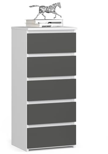 Home Collective Kommode mit 5 Schubladen Kommode Schlafzimmer Flur Wohnzimmer Organizer Kommode mit Schubladen 40 cm breit 92 cm hoch | weiß-grau Highboard Sideboard Mehrzweckschrank Schrank schmal