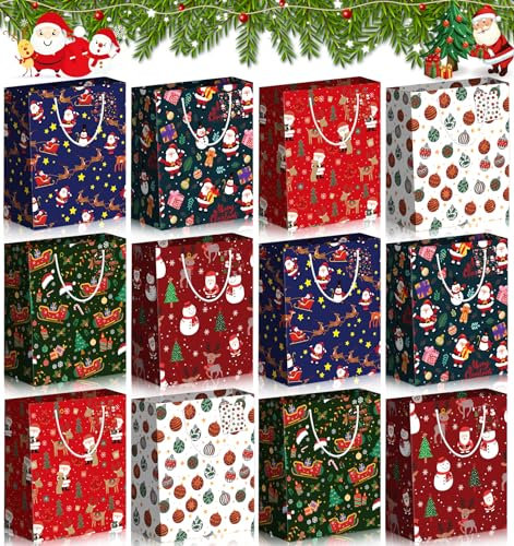 LPAOIS Geschenktaschen Weihnachten 12 Stück, Papier Tragetasche, Tasche Weihnachtlichem Aufdruck mit Weiß Kordel und Namenskarte, Weihnachtstüten 23x19x10cm, Für Weihnachtsfeier, Geburtstagsfeier