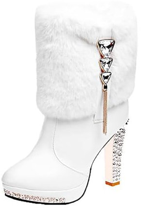 Stivali invernali da donna foderati in pelle, eleganti stivali da donna, con tacco alto, stivali da lavoro, stivali invernali, bianco, 40 EU