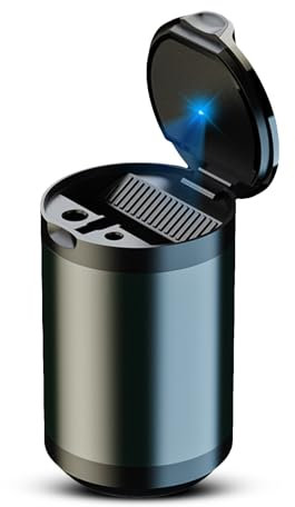 Geoyien Ashtray Car, Portable Ashtray with Lid Smell Proof, Automatic LED Light, Sealed, Flame Retardant, High Temperature Resistant, Detachable, Large Capacity