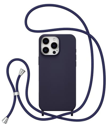 ZTOFERA Crossbody Lanyard Case for iPhone 15 Pro (6.1-Inch), Liquid Silicone Protective Phone Case with Strap Adjustable Neck Cord Necklace Soft Cover, Navy Blue