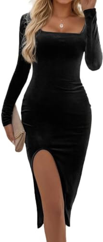 EMOTTOS Women Flocked Midi Dress, Casual Bodycon Dress U-Neck Split Bottom, Wrap Midi Dresses Slim Fit for Going Out Party Club, Black, L