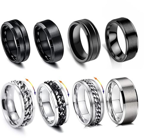 XSDSLS 8 Stück Edelstahl Ringe Spinner Ringe für Damen Herren Vintage Silber Schwarze Verdreht Kette Ringe Set Anti Stress Ringe Ehering Verlobungsringe für Frauen Männer Breite 54-70 (9)