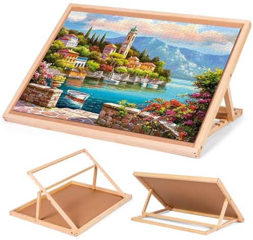 Old Canal Puzzle Board, 1500 Pieces Puzzle Table with Cover, Wooden Jigsaw Puzzle Tables with Adjustable Tilt Stand, Portable Puzzle Storage Boards with Non-Slip Felt Tabletop for Adults and Kids