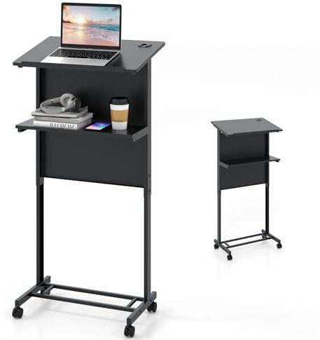 LIFEZEAL Mobiler Stehpult-Podium-Ständer, Höhenverstellbarer Konferenzpult mit 2 Etagen, Neigbarer Tisch Präsentationsständer 60 x 40 x 108,5 cm