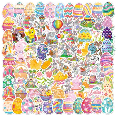 Ostern Aufkleber Set, 100 Stück Ostereier Sticker, Kinder Osteraufkleber, BQRKOTM Ostern Hase Ostereier Aufkleber PVC Wasserfeste Vinyl-Aufkleber für Wasserflaschen, Scrapbooking, Tagebuch, Laptop