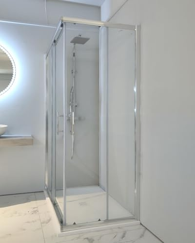 Box doccia cm 80x100 angolare vetro temperato 6 mm trasparente, apertura scorrevole e profili cromati