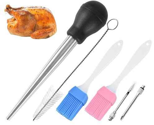 Turkey Baster Syringe for Cooking, Stainless Steel Turkey Baster Syringe Meat Marinade Injector Needle with Cleaning Brush, 2 pcs Oil Brushes and 2 pcs Marinade Needles(Color:Black)