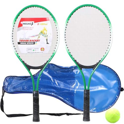 Kinder Tennisschläger, Langlebige Tennisschläger aus Eisenlegierung, Anfänger Übungsschläger mit Ball und Tragetasche für Kinder im Freien, Training, Sport (1 Paar mit Bällen Grün)