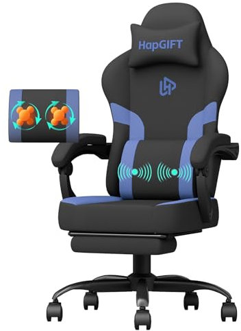 HapGIFT Gaming Chair Ergonomic Gaming Chairs with Massage Lumbar Support & Headrest, Technology Fabric Computer Chair, PC Gamer Chairs with Wide Cushion for Adults, Footrest, 300LBS (Black-Blue)