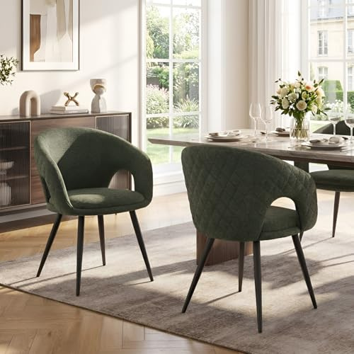 Ya-Home Esszimmerstühle 2er Set, Küchenstühle mit Armlehne, Grün | Gepolsterte Polsterstühle mit Metallbeinen, Sitzfäche aus Chenille, Wohnzimmerstuhl Armlehnstuhl für Wohnzimmer/Küche