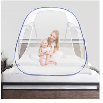 Moustiquaire pliable XXL avec toit 4 côtés et double fermeture éclair – Moustiquaire pop-up de voyage 200 x 180 x 145 cm pour bébé, chien, camping – Légère 1 kg – Bleu