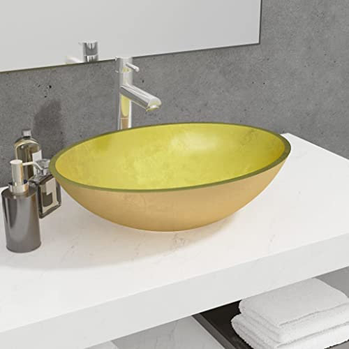 Vasque à Poser Salle de Bain Maison Lavabo ovale Évier Lave-Mains de Salle d'eau Vasque a Poser en Verre Moderne, 50x37x14 cm Doré